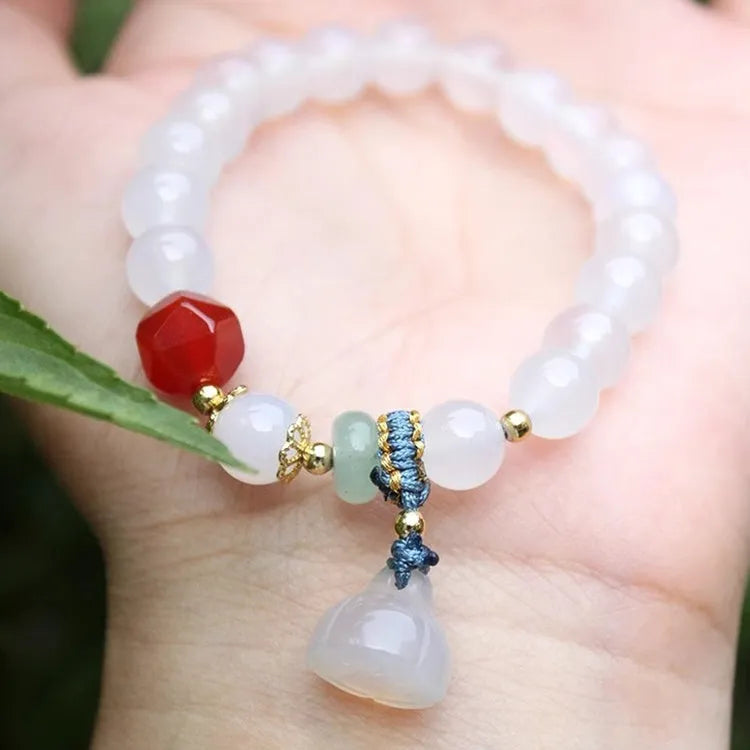 Natural white agate round beads bracelet with lotus seedpod design and Tian Shan Cui old beads