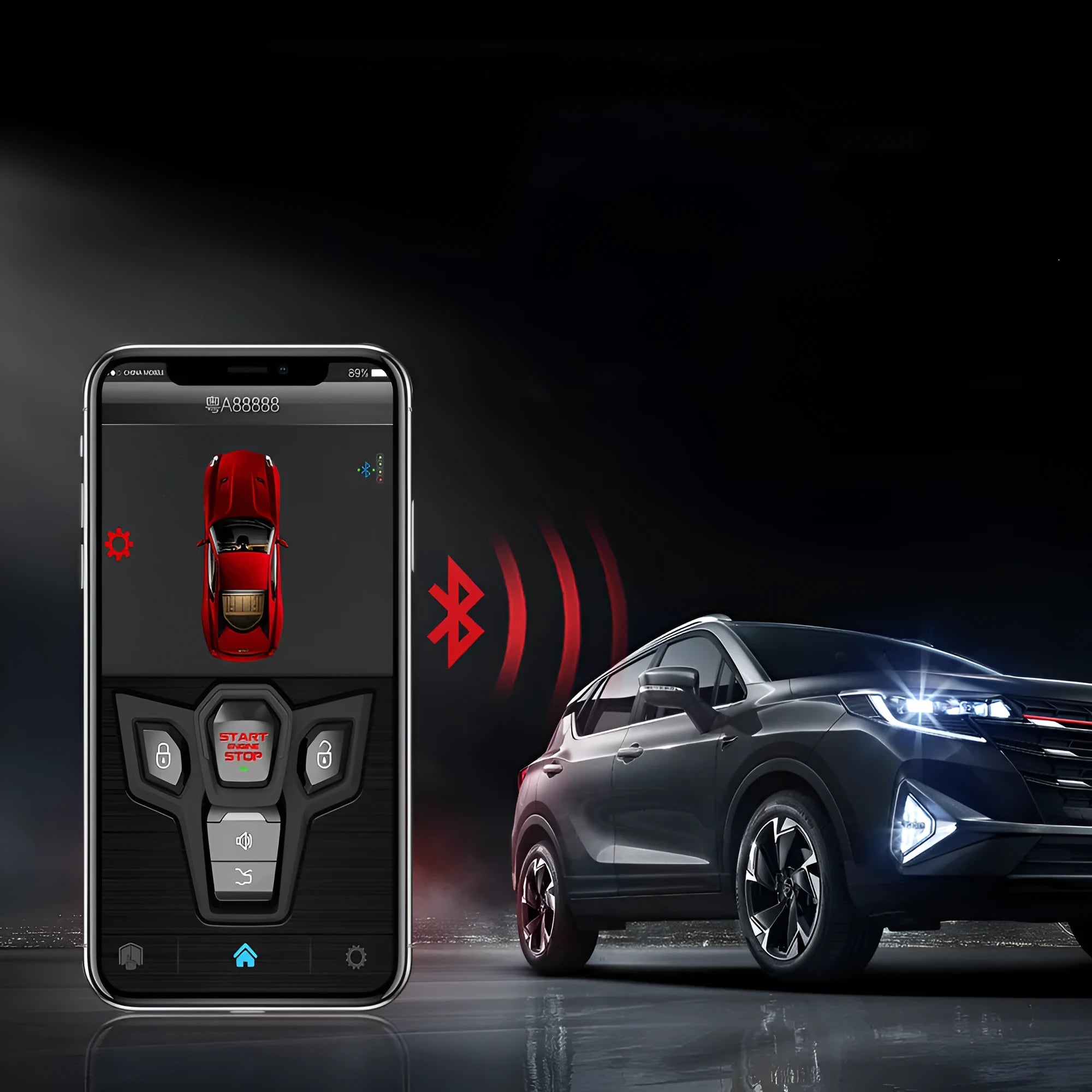 Red and frosted black one-way remote car alarm system with two remotes for vehicle security.