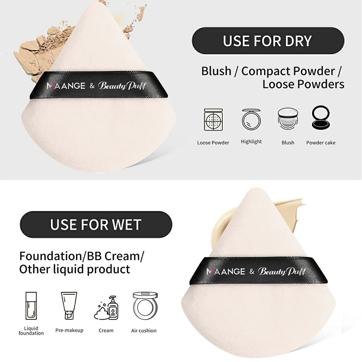 3-piece wooden handle makeup brush set with triangle powder puff in apricot and black colours