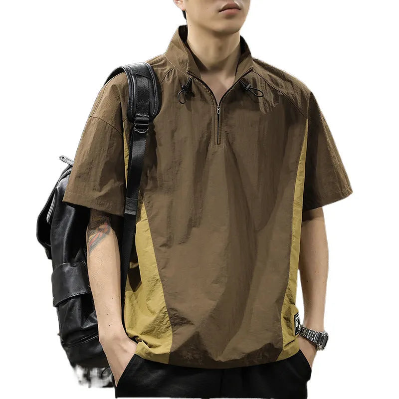 Brown men's half-zip stand collar short sleeve shirt made from ice silk fabric.