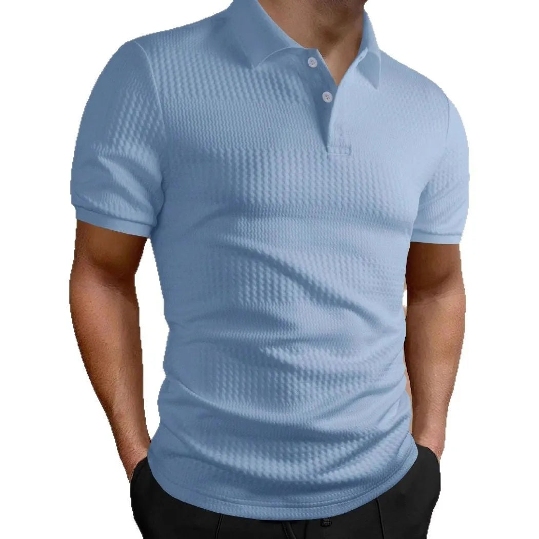 Men's loose striped polo shirt in black with asymmetric pattern and short sleeves