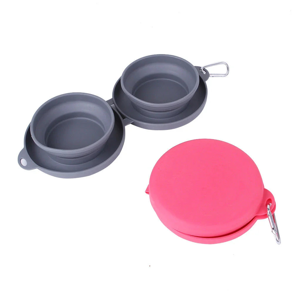 Collapsible double pet bowl with no-spill mat, perfect for travel