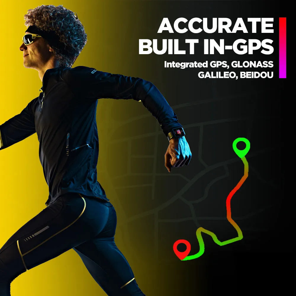 Black GPS sports smart watch with 1.78-inch display and rubber wrist strap showing health metrics