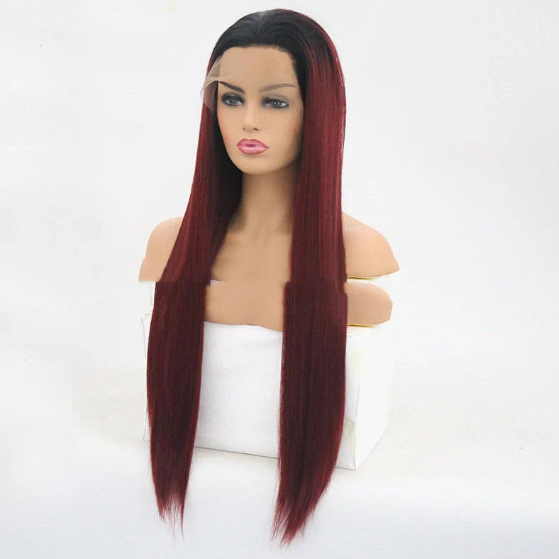 Burgundy trellis headpiece with 26-inch straight high temperature silk hair