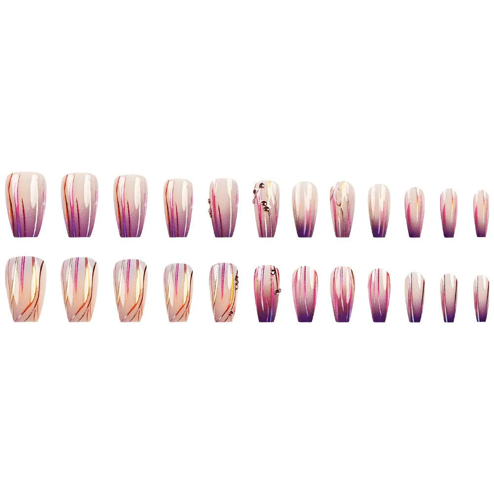 Magic purple gradient nail stickers with starry sky pattern, jelly glue, and 24 decals on a pink background.