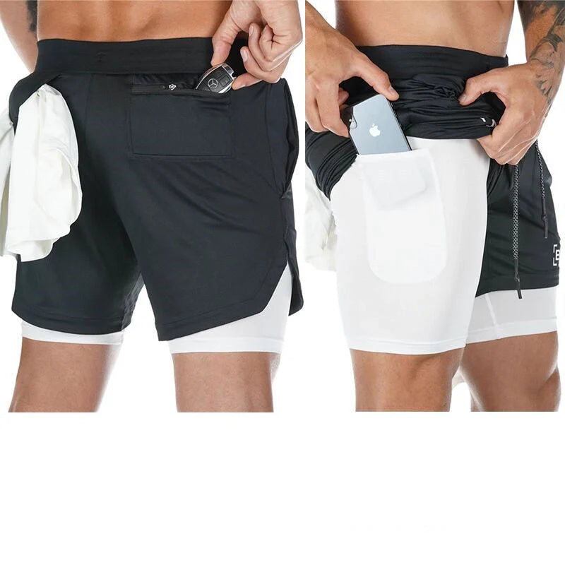 Men's quick-dry nylon sports shorts with double-layer design for running and fitness