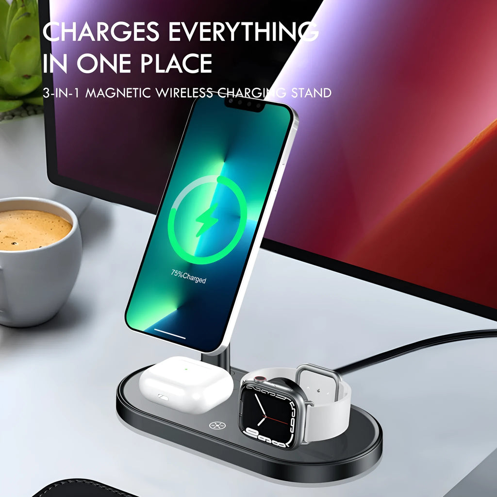 Multifunctional three-in-one magnetic wireless charger with phone holder in black, showing a smartphone upright on the stand