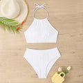 Conservative high waist apron swimwear set for women in solid colour polyester fabric