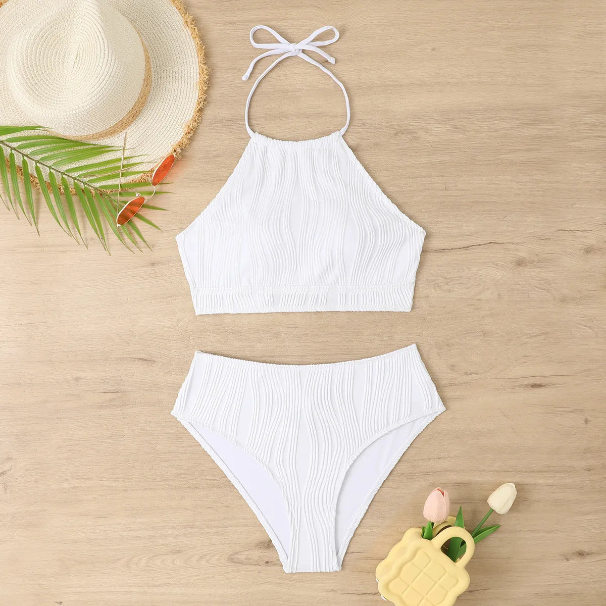 Conservative high waist apron swimwear set for women in solid colour polyester fabric