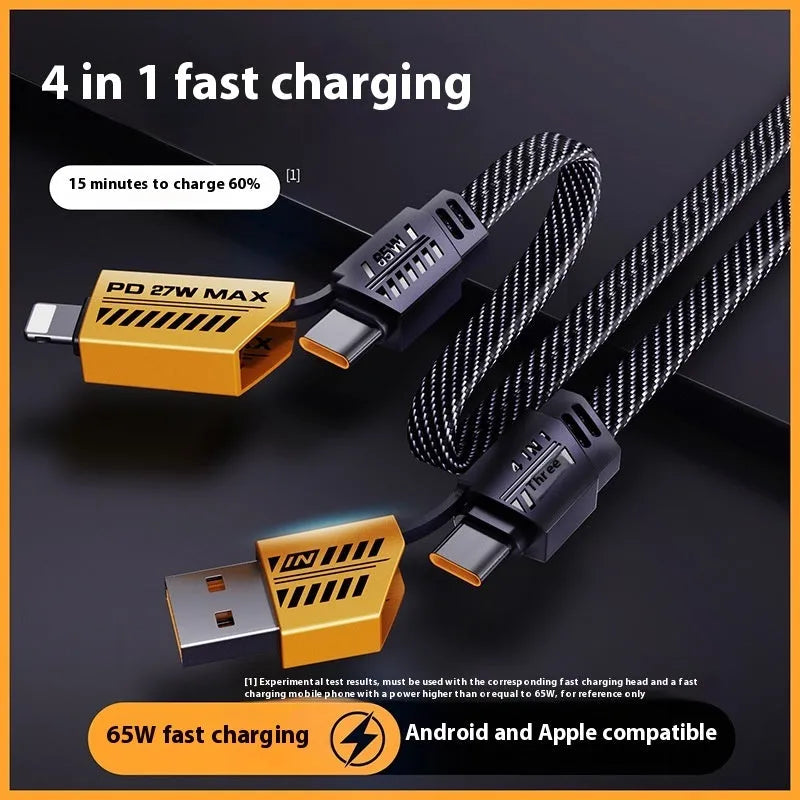 Four-in-one fast charge data cable with zinc alloy shell, braided black exterior, Lightning and Type-C connectors, 1-2m length