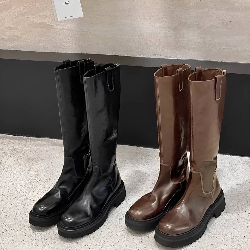 Black round toe chunky heel women's knight boots with a back zip on a white background