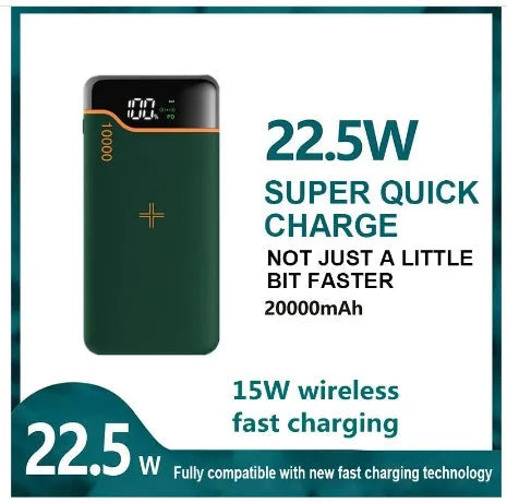 Portable power bank 20000mAh with 22.5W fast charging and 15W wireless charging in retro green colour