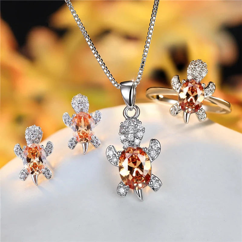 Cartoon Turtle Pendant Rhinestone Necklace with Rainbow Stone for Women and Children
