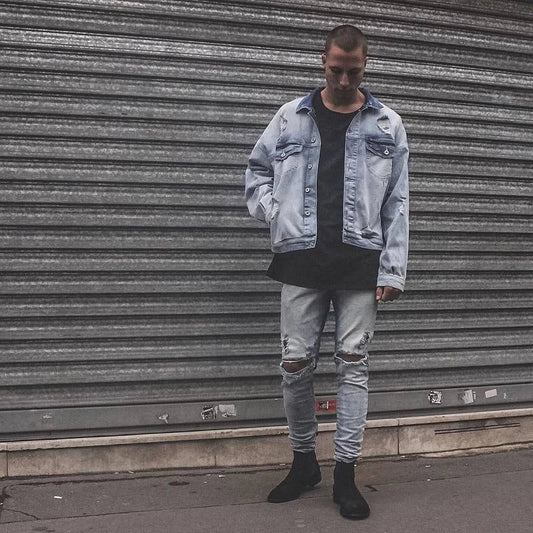 Men's light blue cotton batwing sleeve coat with loose shoulder design