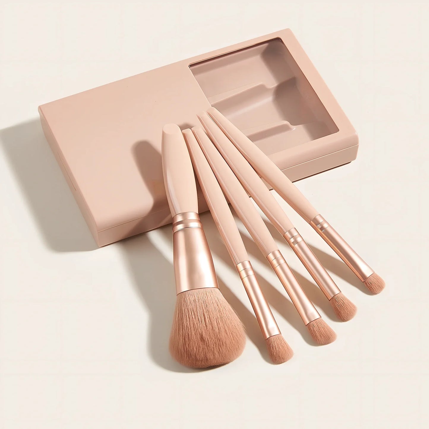 Sky blue 5-piece makeup brush set with plastic handles and travel mirror box, compact for bags