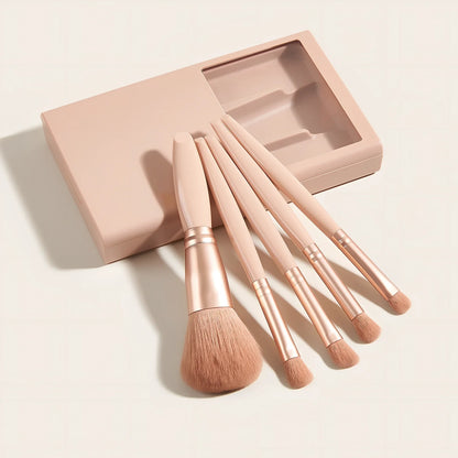 Sky blue 5-piece makeup brush set with plastic handles and travel mirror box, compact for bags