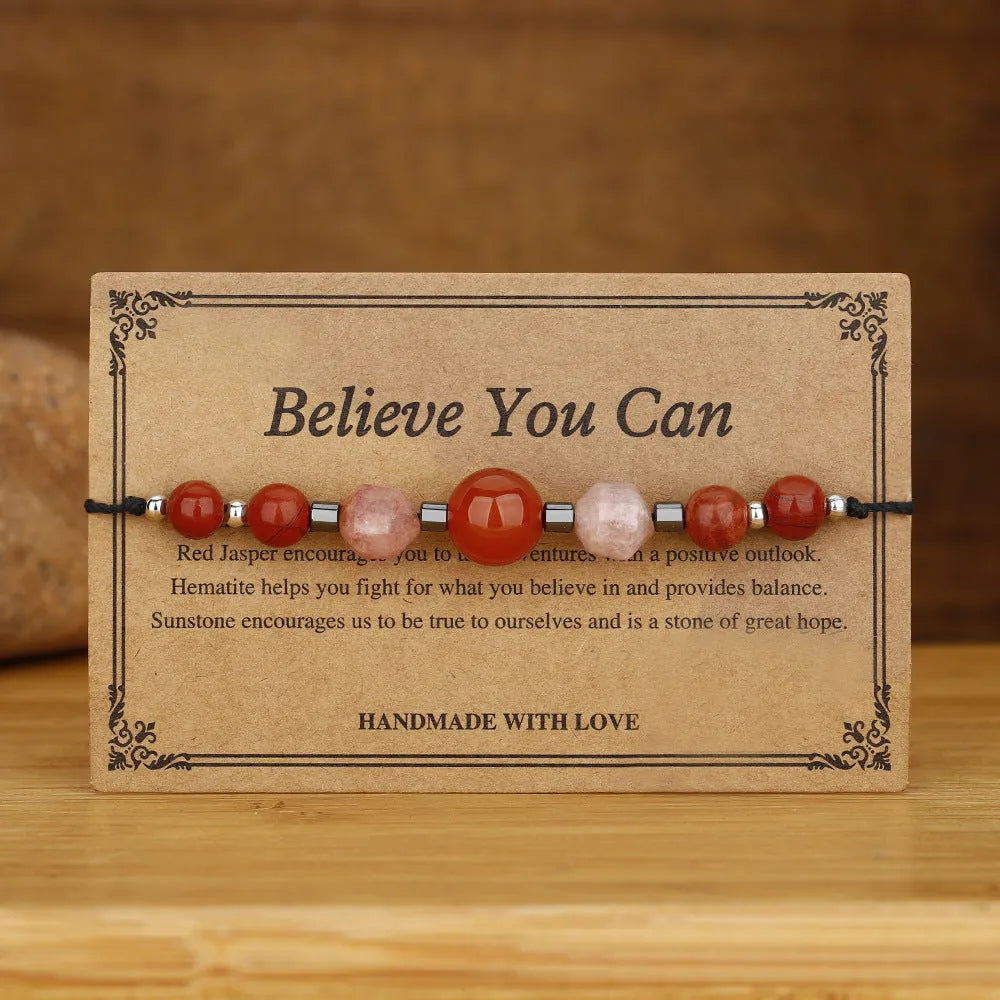 Red manual beaded bracelet with sunstone, redstone and copper geometric beads