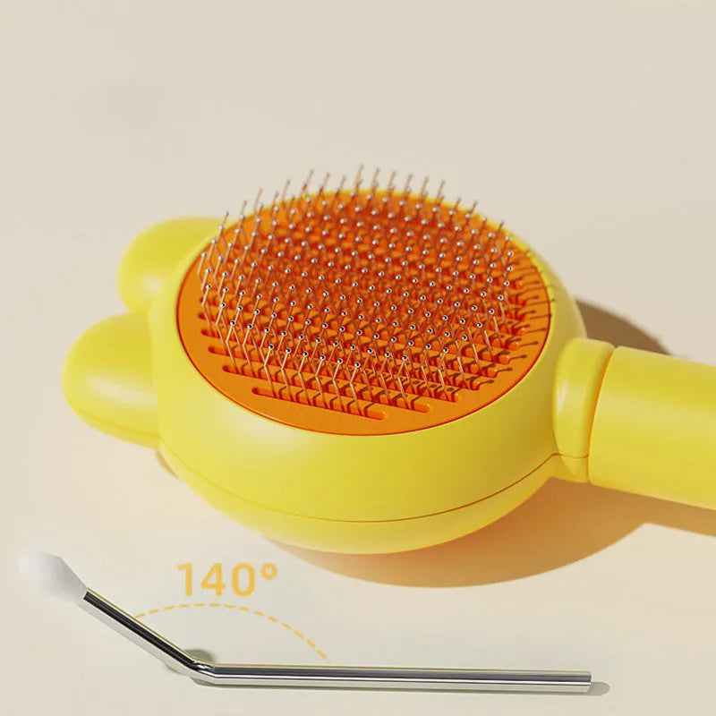 Self cleaning pet grooming brush with release button and stainless steel comb
