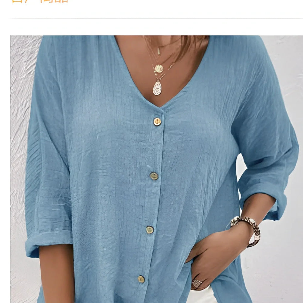 Women's loose V-neck long-sleeved T-shirt in navy blue, button front, polyester fabric, size M with 115cm bust fit