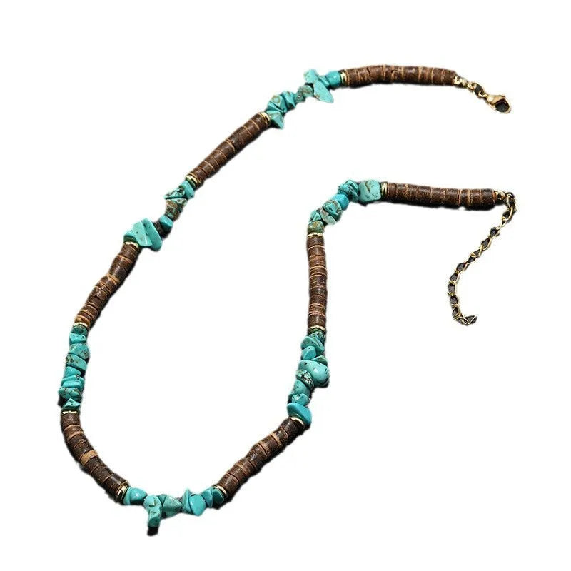 Bohemian punk necklace for men hand-woven coconut shell beads crystal pendant turquoise colour geometry ellipse shape 41-50cm