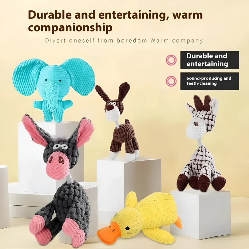 Assorted plush pet toys including a grey donkey, a beige donkey, and a yellow rechargeable duck for puppies.