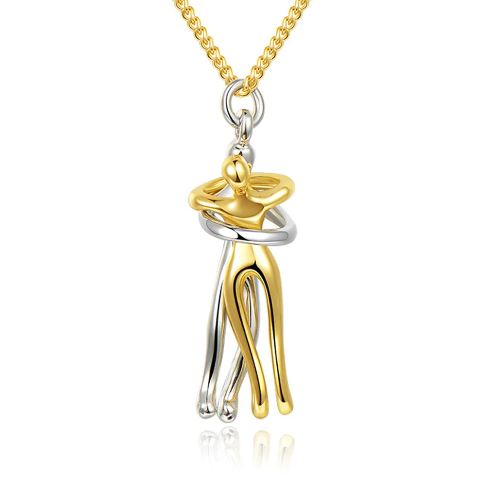 Love Hug unisex brass cartoon pendant necklace with 3cm charm on 40cm chain in gold finish