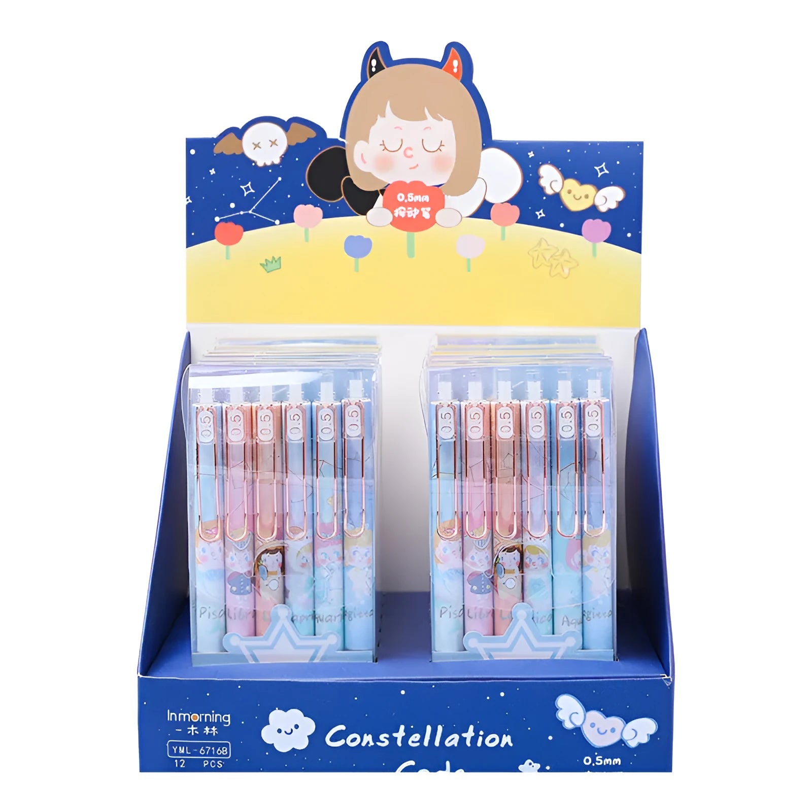 Six constellation-themed 0.5mm press gel pens with zodiac designs in plastic shells