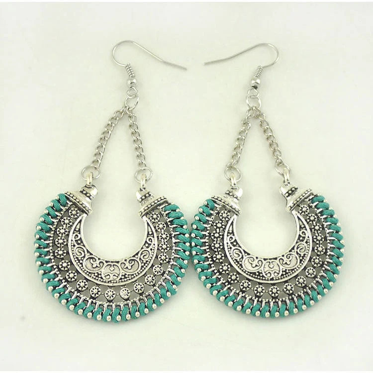 Bohemian Vintage Earrings with hand-woven rope and alloy meniscus flower basket design