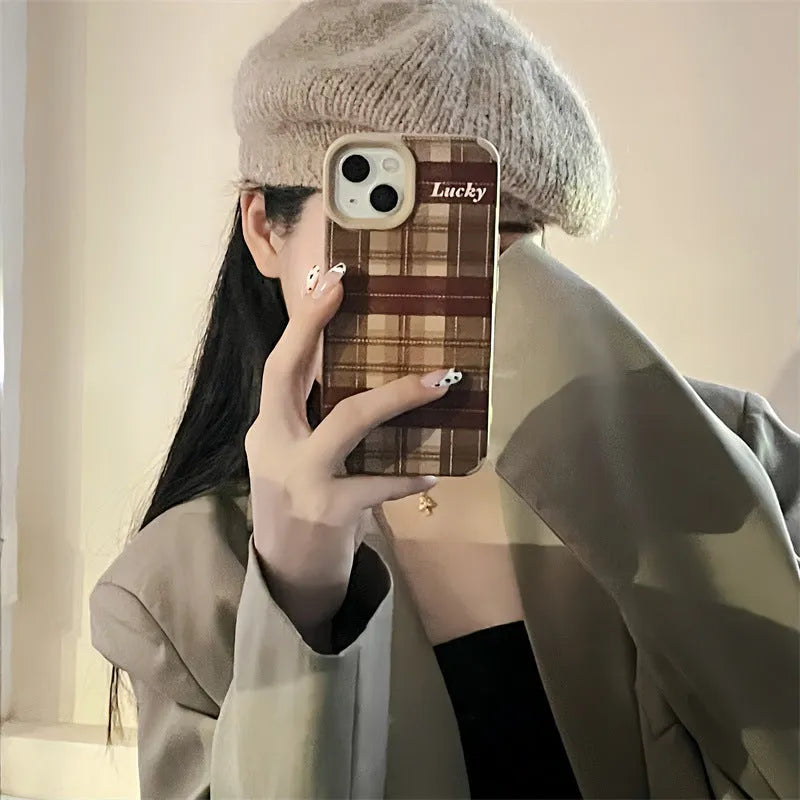 Lambskin plaid letters luck anti-fall silicone phone case for iPhone 13 Pro, light coffee colour, all-inclusive embossed design