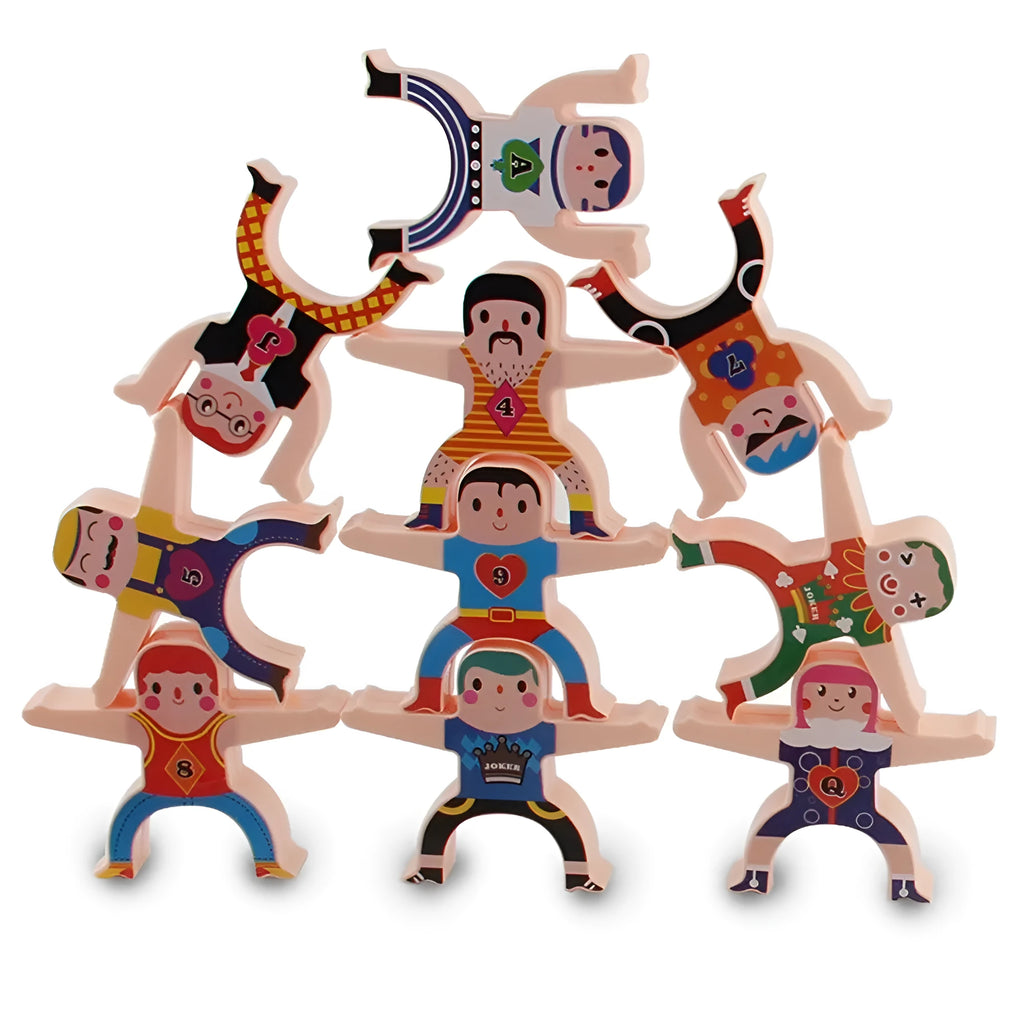 16 colourful Hercules plastic building blocks stacked in a balance tower with interlocking hands
