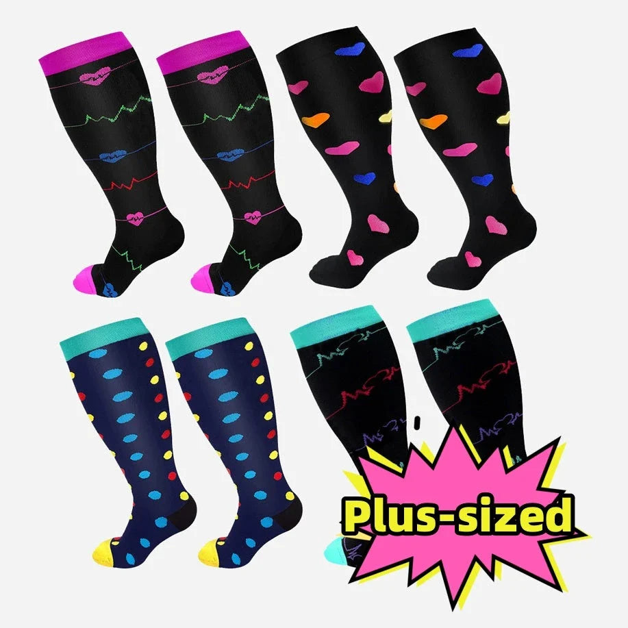 Plus-size compression socks in various stylish patterns for improved leg health and comfort