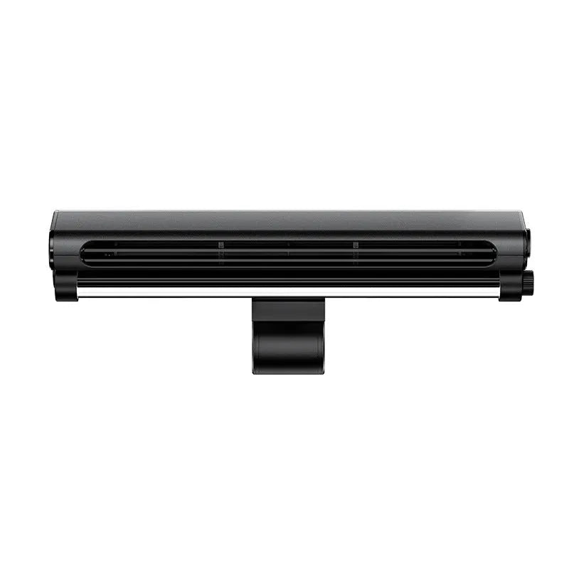 Black USB clip-on bladeless desk fan with integrated lamp attached to a computer monitor.