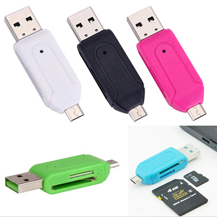White OTG card reader with micro USB plug for SD and TF memory cards next to a mobile phone.