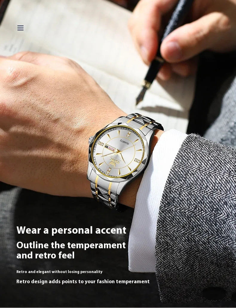 Stainless steel double calendar men's watch with round dial and metallic strap, gold and white colour option