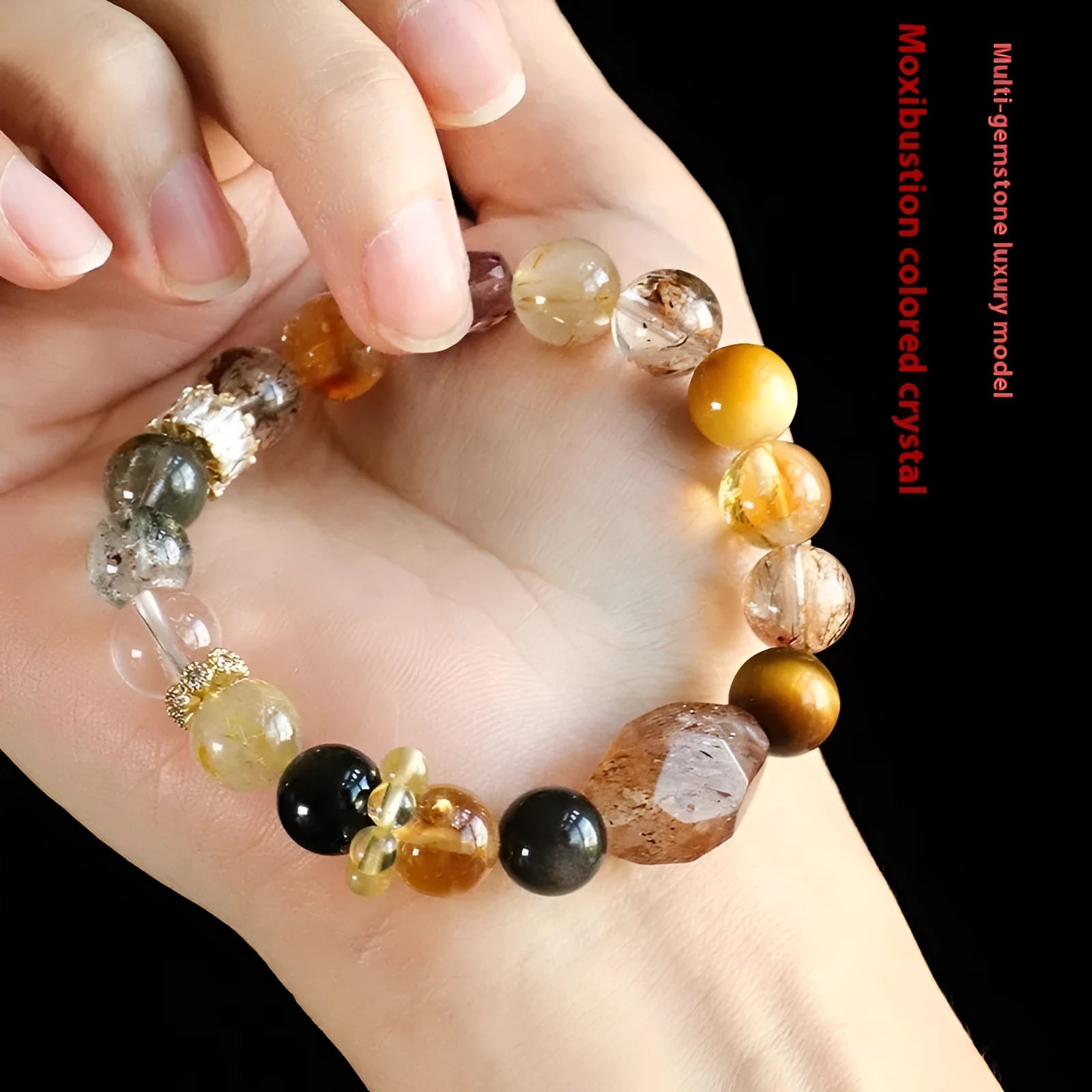 Natural crystal string beads bracelet for women in black gold and multi-colour styles with adjustable closure
