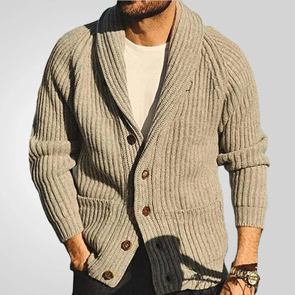 Men's khaki lapel knitting cardigan with pockets, long sleeves, and straight cut design