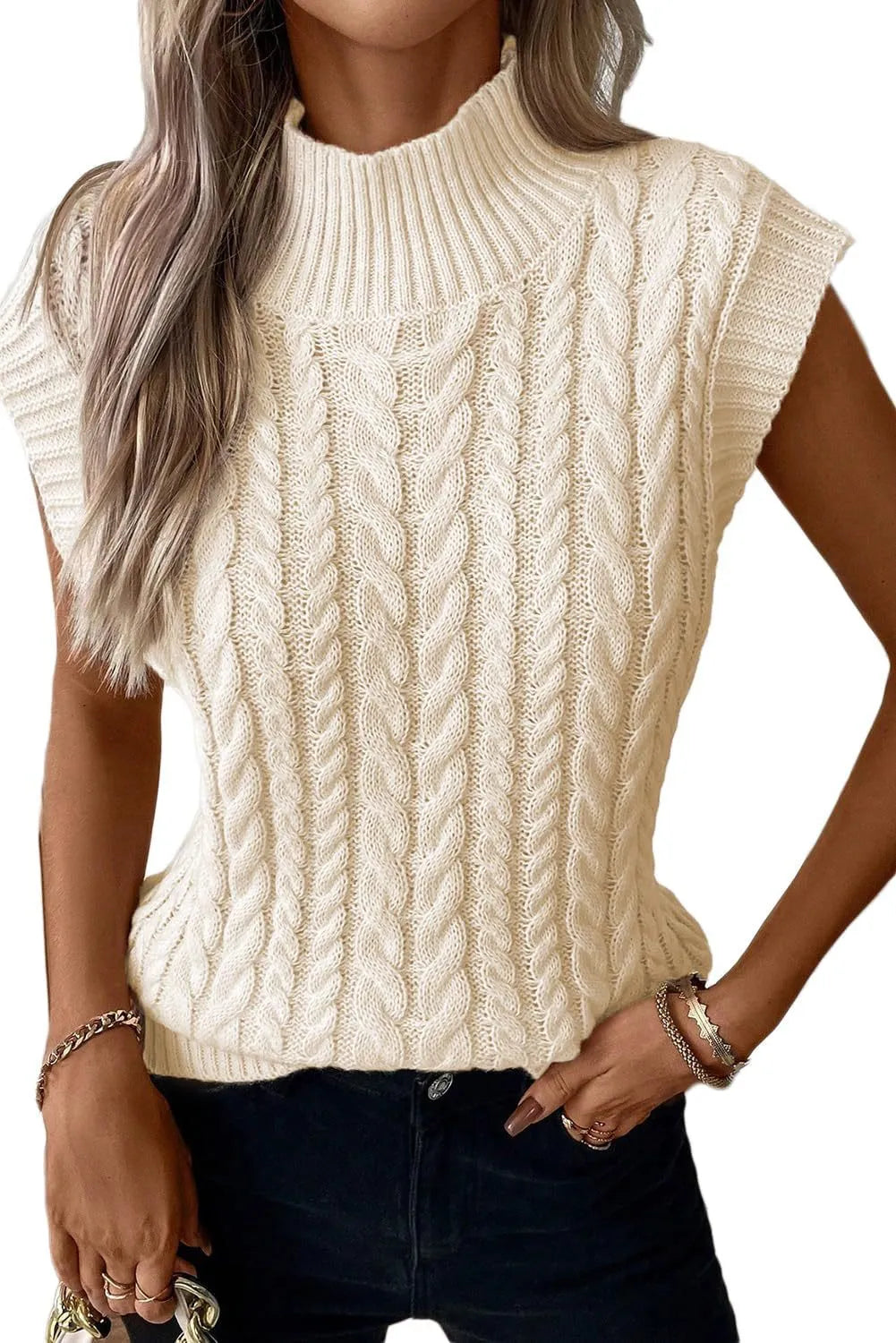 Women's white thickened acrylic sleeveless high neck knit sweater with colour blocking, loose fit, regular length