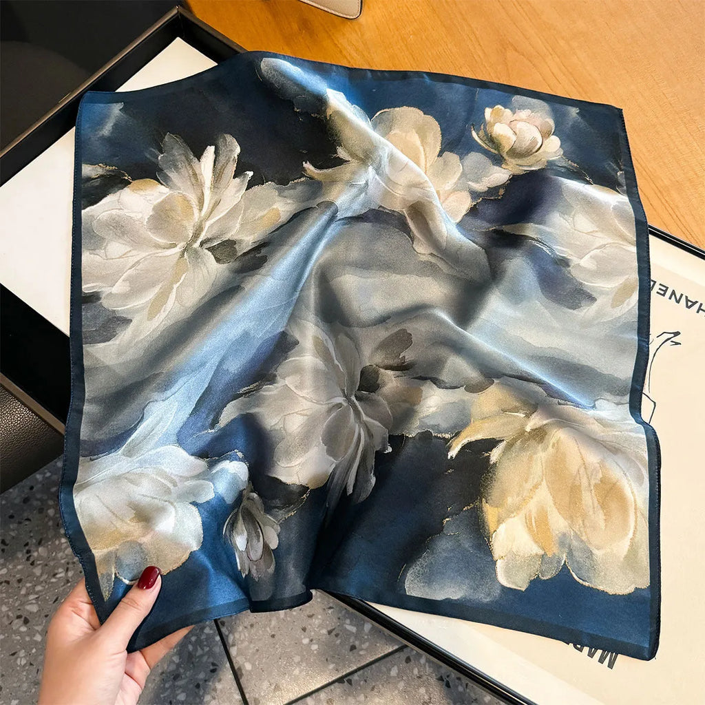 Blue tie-dye mulberry silk square scarf 53x53cm women's Korean-style winter accessory