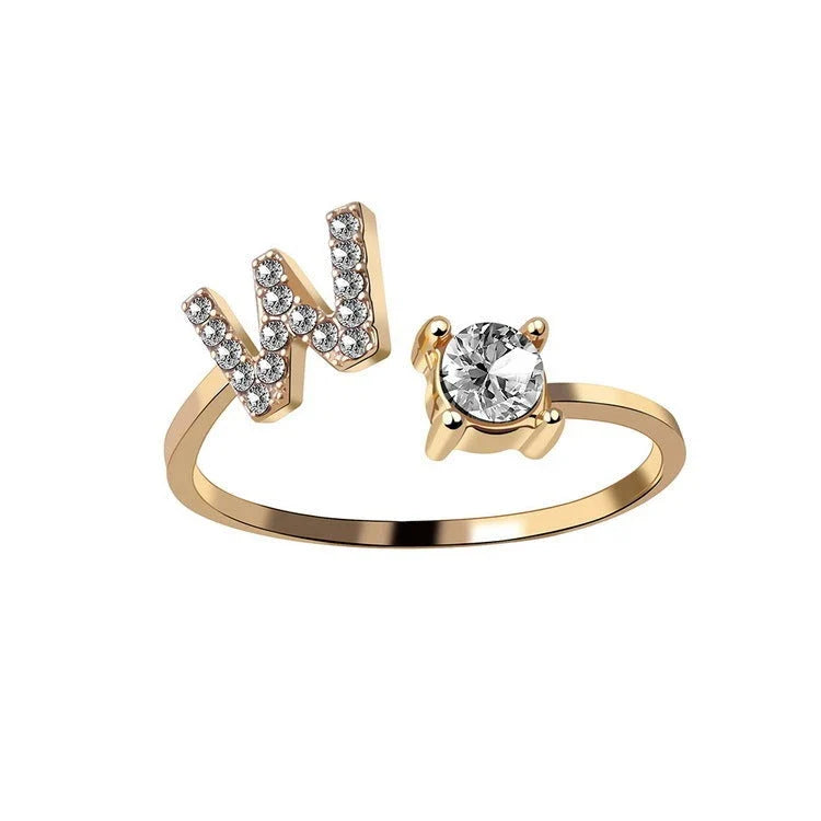 Elegant 26-letter adjustable initial ring in gold, silver, and rose gold finishes