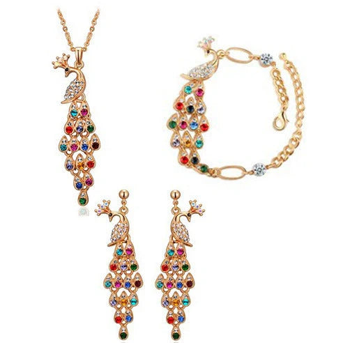 Creative Crystal Peacock Bridal Jewelry Set showing earrings, necklace, and bracelet with alloy construction and crystal accents