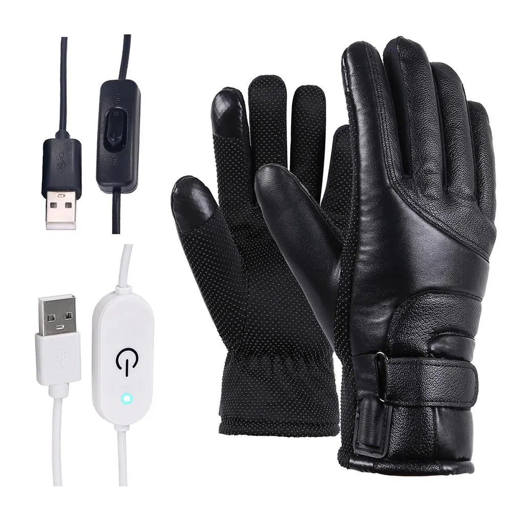 Winter electric heated gloves in black with adjustable palm sticker and touch screen compatible fingertips