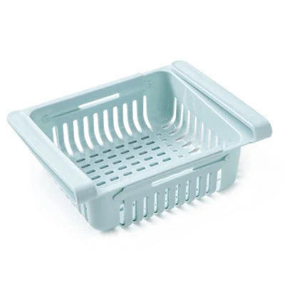 Stretchable refrigerator storage basket in white, blue, pink, and apricot colours