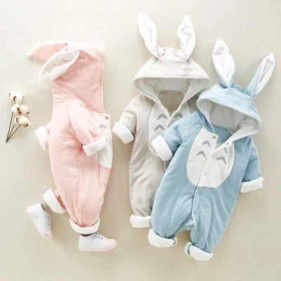Cotton padded baby romper with chinchilla hood for newborns in pink, gray, and blue
