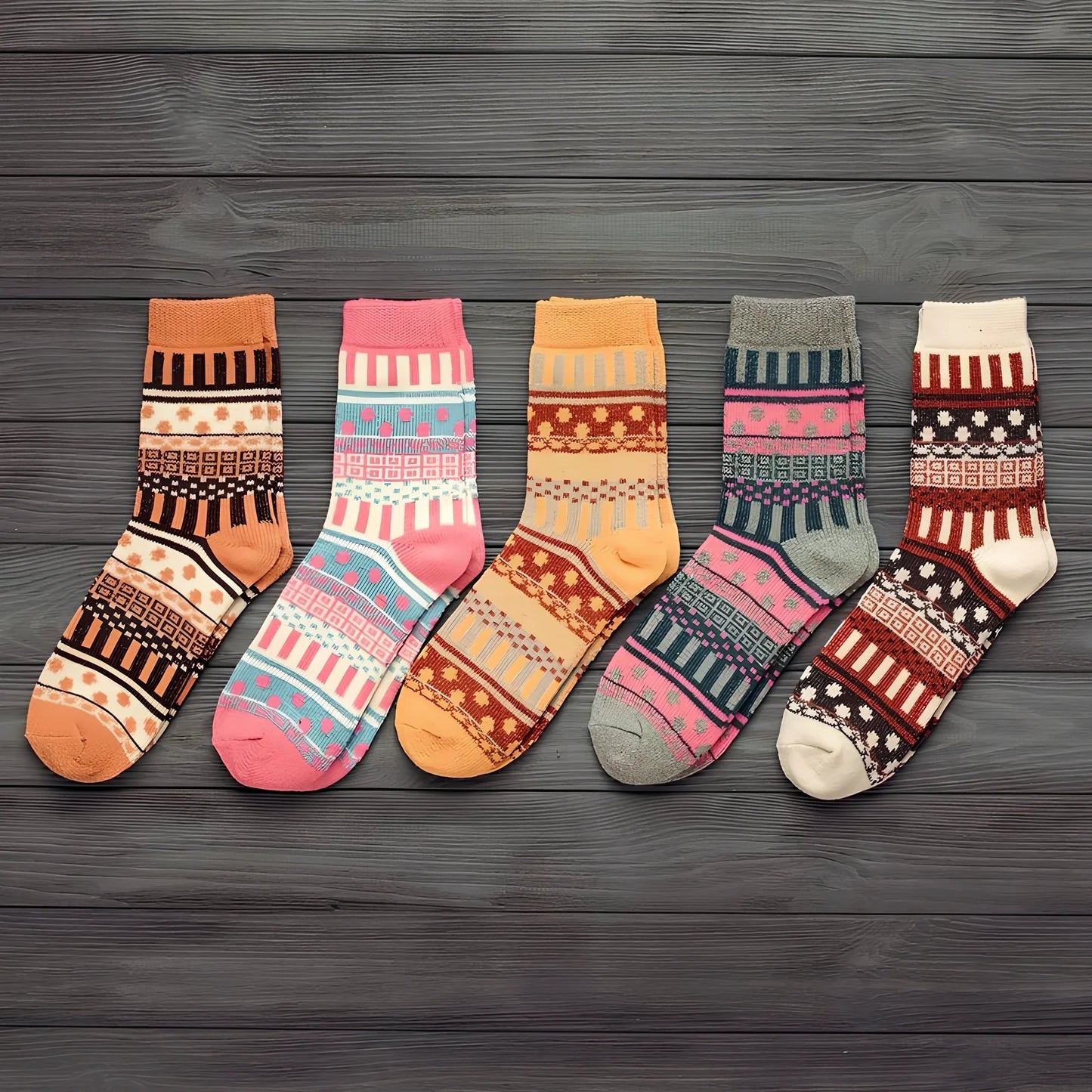 Pack of 5 thick stripe wool blend socks in various colours, featuring 15% rabbit hair for winter warmth, fitting sizes 39-42