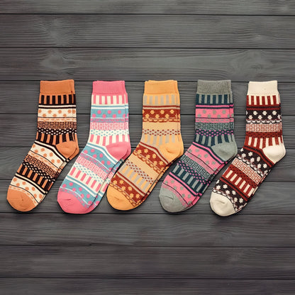 Pack of 5 thick stripe wool blend socks in various colours, featuring 15% rabbit hair for winter warmth, fitting sizes 39-42