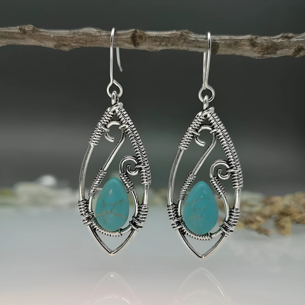 Creative Lapis retro silver string winding turquoise earrings with geometric design