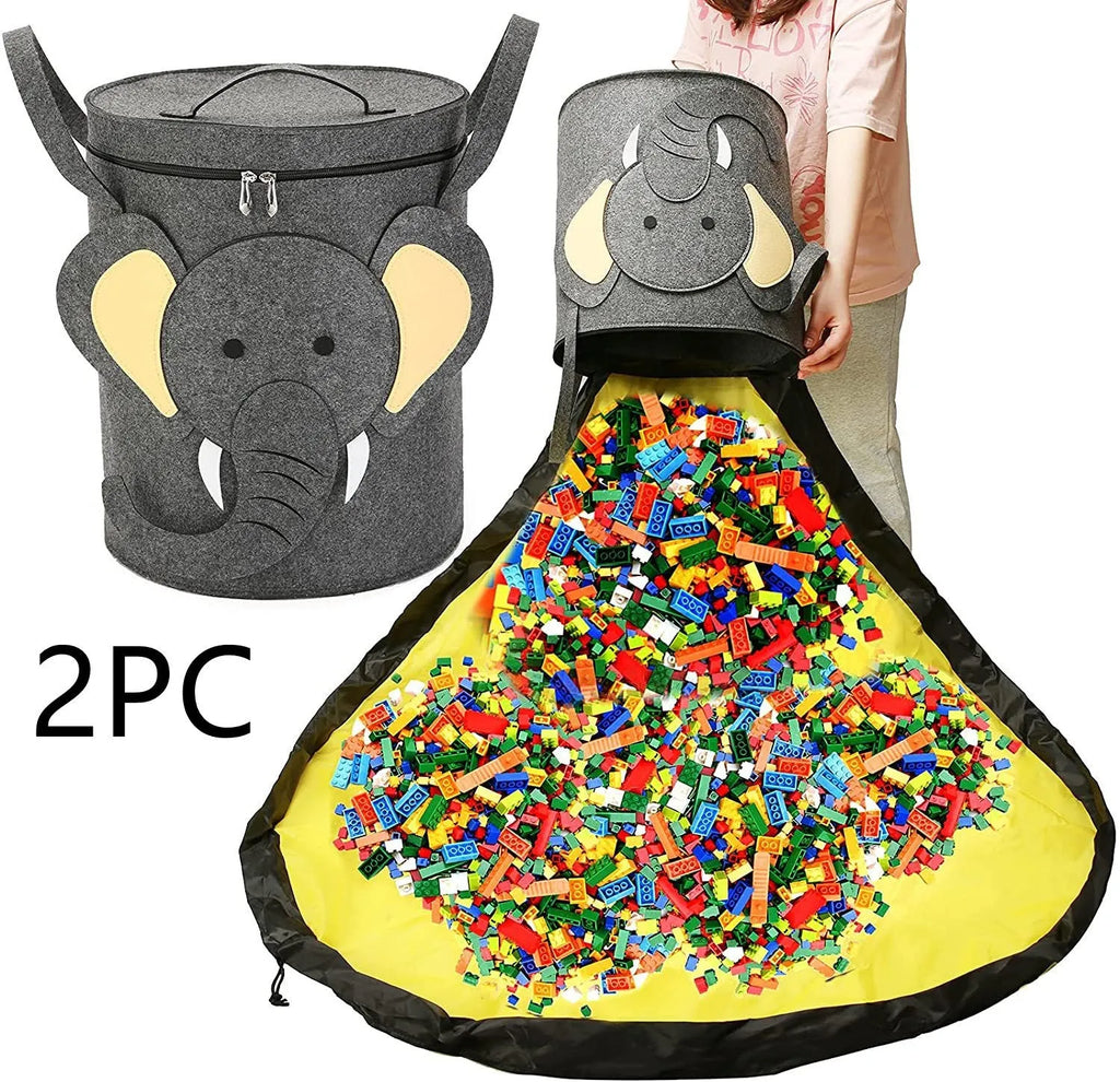Green felt cube storage bag with pull rope, laid flat as a play mat and gathered into a bag.