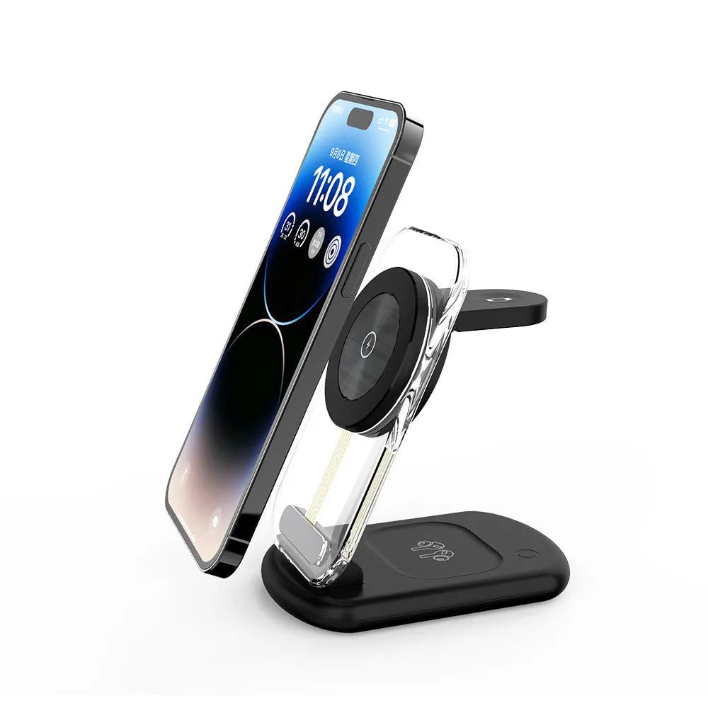Transparent folding magnetic three-in-one wireless charger in black on a table