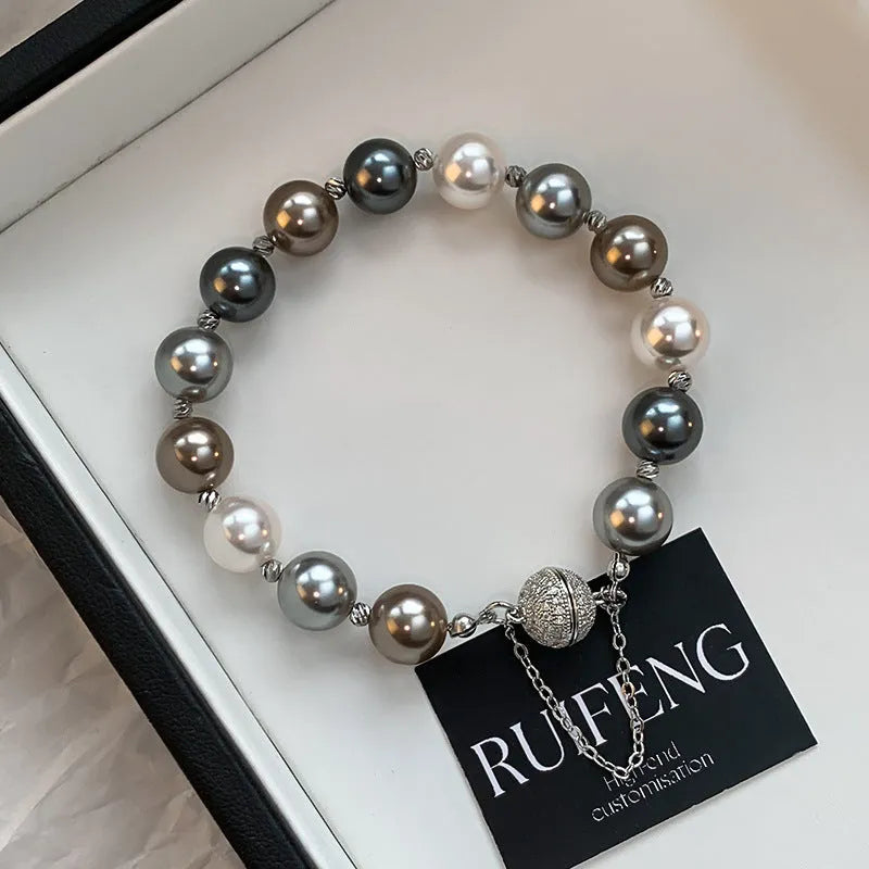 Gray pearl magnetic buckle bracelet for women, RF1034 silver colour, geometric shape with ring element