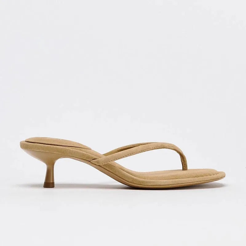 Women's round-toe mid-heel flip-flop sandals in khaki colour with microfiber upper